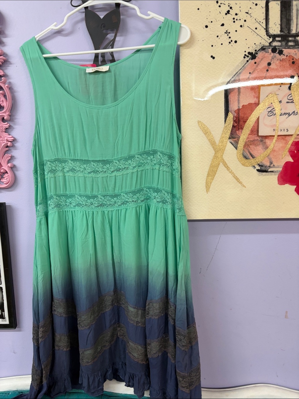 entro Mint to Navy Ombre Sleeveless Lace-Trim Midi Dress